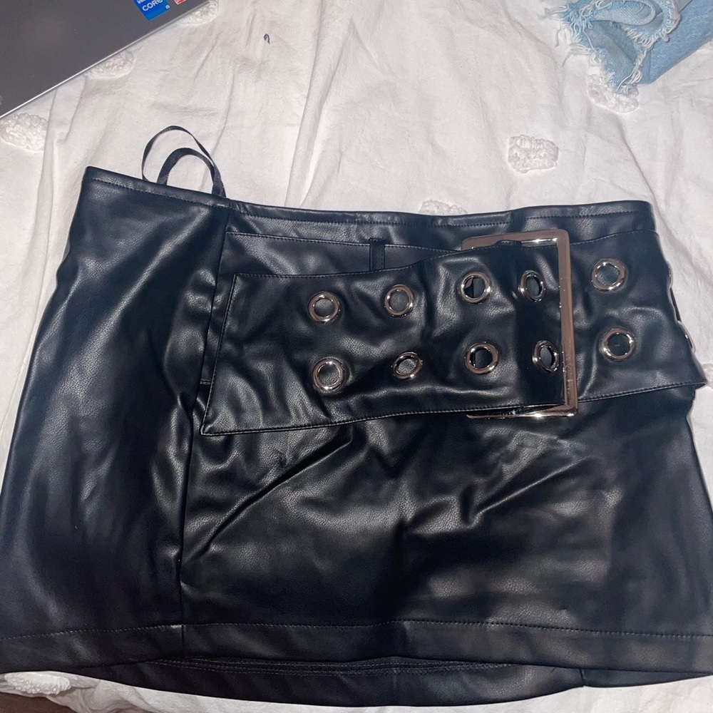 REVOLVE Black Leather Skirt with Grommet Belt
